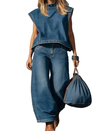VOIKERDR Women's Denim Set Sleeveless Top and Wide Leg Jeans