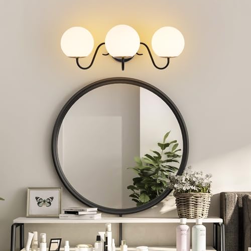 Image of Vintage Matte Black Bathroom Vanity Light Fixtures Over Mirror 3 Lights