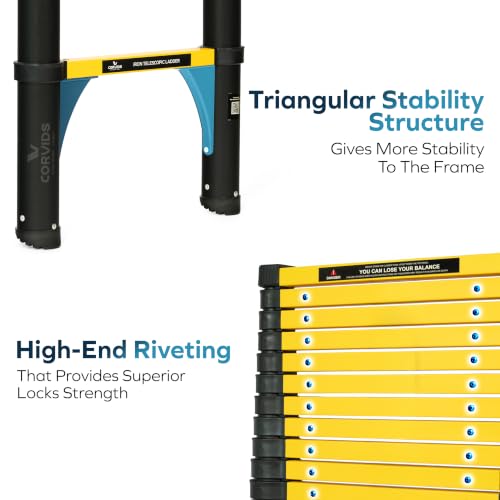 Image of Corvids 5.9m (19.5 ft) Folding Carbon Steel Telescopic Ladder, 2-Year Warranty, 15-Step Heavy Duty Extension Ladder, Q195 Rustproof Alloy Steel, Portable & Collapsible Ladder for Home & Outdoor use