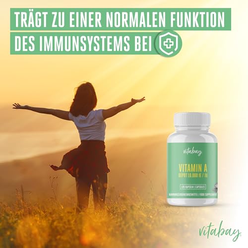 Vitabay Vitamin A Hochdosiert Kapseln - 120 Vegane Vitamin A Retinol Kapseln 10000 IE - Vitamine A für Augen, Haut & Immunsystem - Vit A Vegan - Laborgeprüft