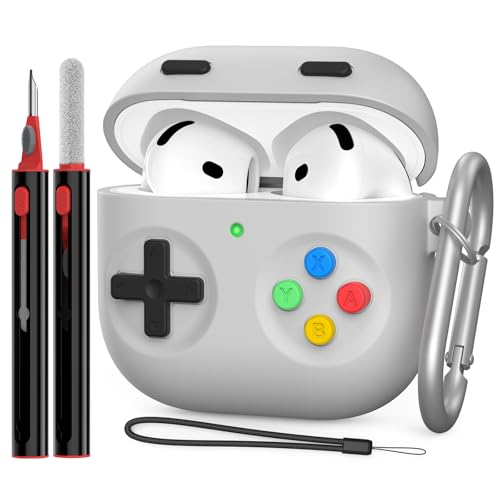 Delidigi Funda Airpods 4 Case Protectora de Silicona de Diseño Clásico de Consola de Juegos de Mano para Apple Airpods 4.ª Generación con Kit Limpieza & Mosquetón Cordón(Gris Claro)