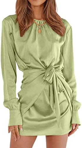 PRETTYGARDEN Women's 2023 Spring Satin Dress Long Sleeve Tie Waist Elegant Cocktail Party Mini Dresses (Tender Green,Small)