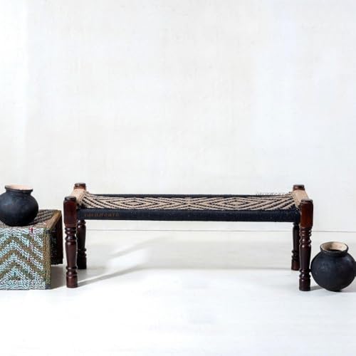 Image of Wooden Bench for Seating | Handcrafted Sheesham Wood Bench for Living Room, Balcony & Garden | Traditional Patio for Outdoor with Cotton and Jute Handwoven Rope | Black and Jute