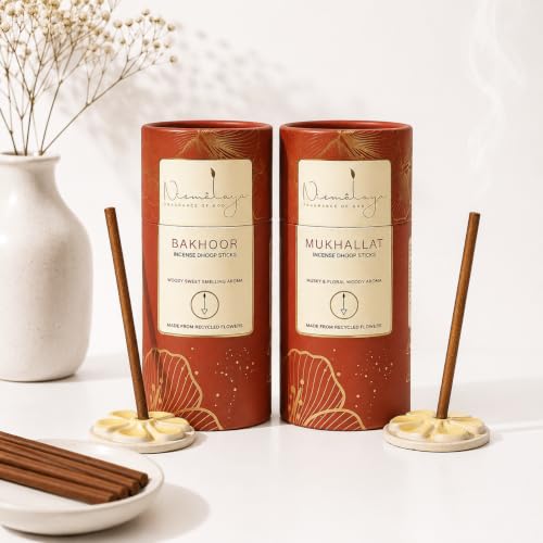 Image of Nirmalaya Premium Mukhallat & Bakhoor Bambooless Dhoop Sticks (80 Sticks) with Ceramic Stand Sacred Temple Flower | 100% Charcoal-Free | for Pooja, Meditation, Yoga & Home Fragrance