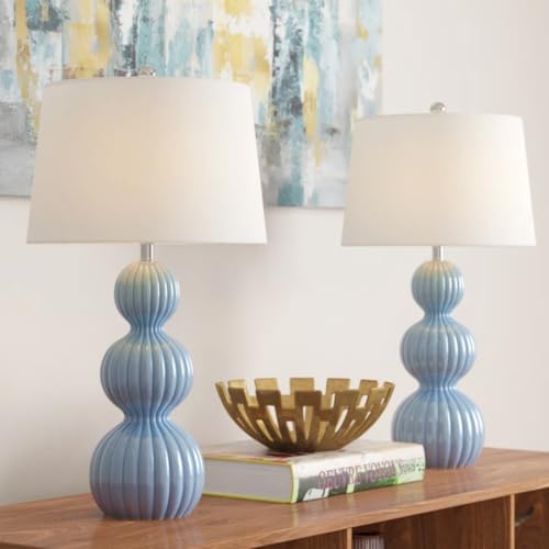 Maxax 28" Blue Table Lamps Set of 2 for Living Room, Modern Coastal Ceramic Lamps with White Shade, 3-Way Dimmable Groud Bedside Nightstand Lamp for Bedroom Home Office