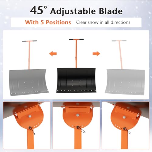 Pala de nieve con ruedas, empujador de nieve de metal resistente, 5 ángulos ajustables, quitanieves rodante para entrada, pavimento, jardín, césped (mango en forma de T)