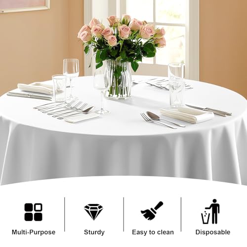 CC-SLZP 12 Pack Premium Red Plastic Table Cloth -96 Inch Round Tablecloth, Disposable Tablecloth Plastic Table Cover for Parties (12,White,96" Round) by CC-SLZP - Used condition - Image 3
