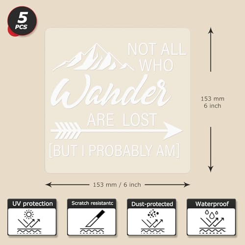 Image of 5 Pack Not All Who Wanders are Lost But I Probably Am Sticker 6x6 Inches Mountain Sign Self Adhesive Vinyl Waterproof Decal for Car RV Window Door Trunk
