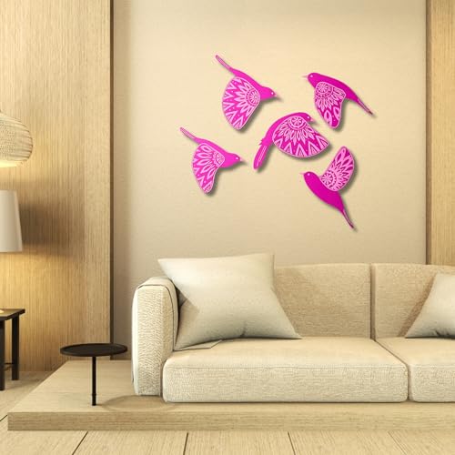 Image of DAKSHESTRY ARTWORKS Wooden 3D 5 Pieces Birds for Wall Art Panel | Wood Bird Folk Art Wall Hanging Art Decoration Item for Living Room, Bedroom, Drawing Room, Dining Room & Office (PINK) Pack of 1