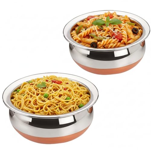 Image of 2pcs Stainless Steel Copper Bottom Kitchen Serving,Traditional Indian Cook,Biryani Handi for Restaurant Cookware Set Ideal for Dal & Gravy & Dining Serveware (2 pcs)