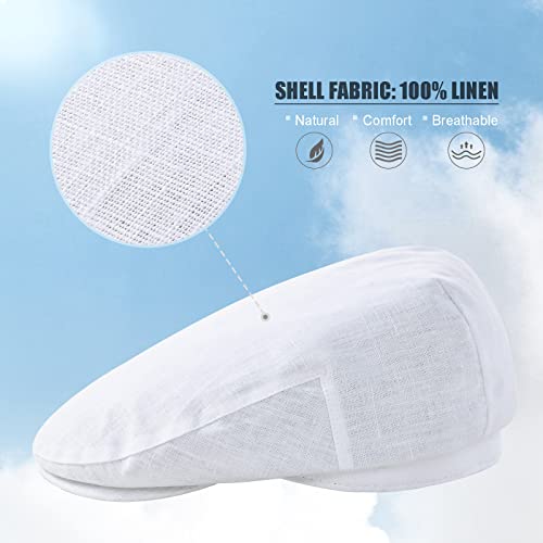 Jangoul Men's Linen Cap Summer Newsboy Cap Adjustable Gatsby Golf Flat Ivy Hat (Plain White, 7 1/4) #TOP1