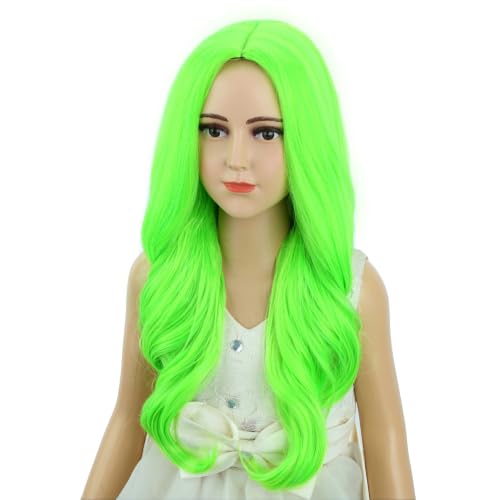 Image of Neon Green Wig for Kids Girls Long Green Ombre Middle Part Wig Children Light Green Wavy Curly Wig Heat Resistant Synthetic Wig with Wig Cap