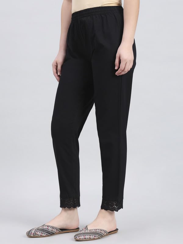 Image of GO COLORS Soft Cotton Lace Pencil Pant Full Length for Women| Mid-Rise, Breathable