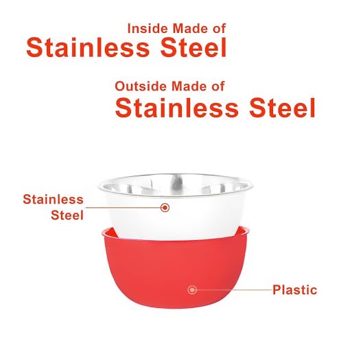 Image of Microwave Safe Stainless Steel Food Storage Container with Lid | Euro Mixing Bowl Set for Kitchen | 500ml, 800ml, 1250ml | Pack of 3 | Leak-Proof (Red Plain 3)