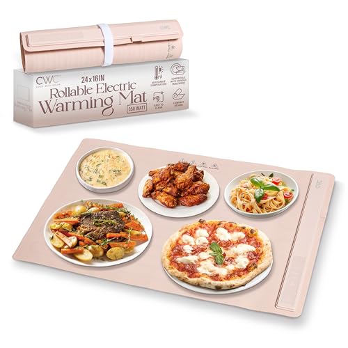 COOK WITH COLOR 350W Electric Food Warming Mat - Portable Food Warmer Tray with Adjustable Temperature, Fast 60-Second Heating, Auto Shut-Off, Rollable Silicone Pad for Parties & Everyday Use, Blush