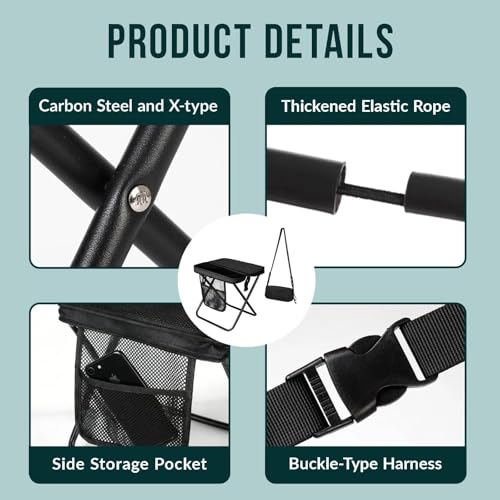 Image of Portable Folding Stool - 16 inch Tall Collapsible Backpack Stool with Storage Pouch, Hands-Free Carry & Supports 300 lbs, Ultralight for Hiking, Fishing, Camping, Festivals (Black, Large)