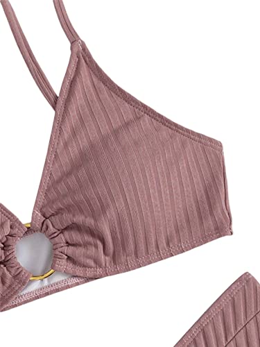 Shein Women's High Cut Swimsuit Triangle Ring Ruched Bikini Set Ribbed Knit Bathing Suit Pink Medium #TOP3