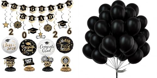 PartyWoo Graduation Decorations Class of 2026 Black Gold 19pcs Grad Party Supplies and Black Balloons 50 pcs 12 Inch