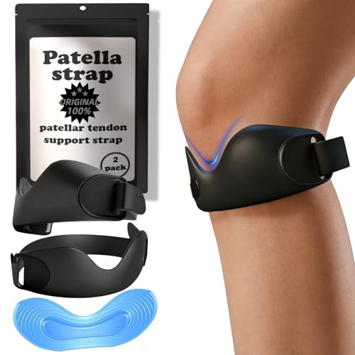 Patellar tendon support strap 2 pack - Silicone Patella strap, Patella band for knee pain Adjustable Non-Slip Stabilizer Knee brace for women &men Support Brace Hiking, Basketball，Soccer, Running, Tendonitis, Tennis, Volleyball and Squats(Black）