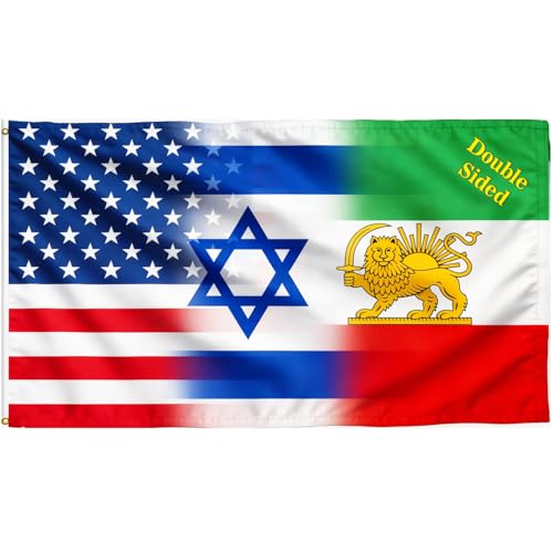 Double Sided Old Iran Israel American Flag 3X5FT Large National Friendship Flags Advanced Premium Polyester Outdoor Flag Canvas Header with Brass Grommets Vivid Fade Resistant for Indoor and Outdoor Decor