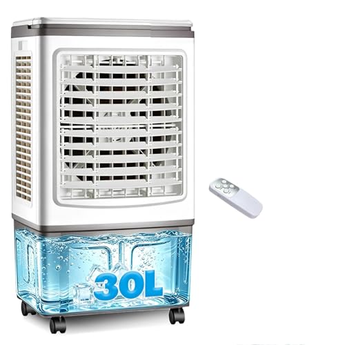 Climatizador Evaporativo 30L con Mando a Distancia, Enfriador de Aire Portátil 3000m³/h para 30㎡, 3 Velocidades, Temporizador 7.5H, Oscilación Automática, 3 Paneles y 2 Cajas de Hielo, 100W