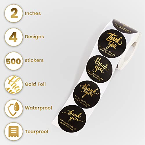 2 Inch Thank You Stickers Small Business - 500 Round Labels With 4 Designs – Black Stickers Roll With Gold Font Thank You - Waterproof Packaging For Business Boutiques Retailers #TOP2