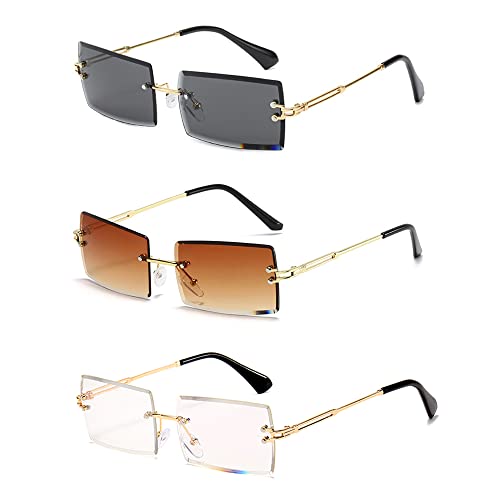 HEPTAGRAM 7 Rimless Rectangle Sunglasses for Women Square Fashion Frameless Small Vintage Buffs Glasses for Men shades (Brown&Grey&Transparent)