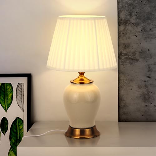 HvKvHvY Lampe De Table Moderne E27 RéTro En CéRamique,éClairage DéCoratif Pour Salon, Veilleuse Blanche En Tissu, Chambre à Couche, DéCoration De...