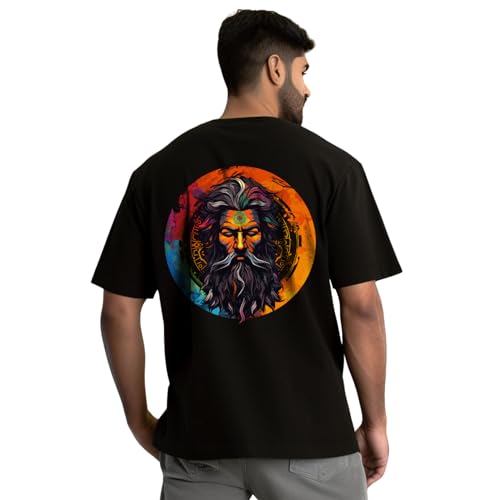 Image of prabhu bhakti Men's Oversized Aghori Printed Black Cotton T-Shirts | Round Neck Drop Shoulder Half Sleeve Black Casual T-Shirt for Men