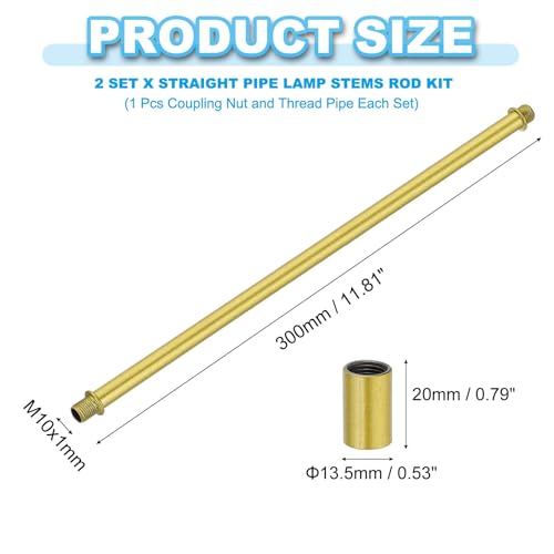 Image of PATIKIL Straight Pipe Lamp Stems Rod Kit, 2 Set M10 Carbon Steel 300mm(11.81 inch) Long Double End Thread Rod with Coupling Nuts Sleeve Connector for Table Lamps Chandeliers,Sand Gold