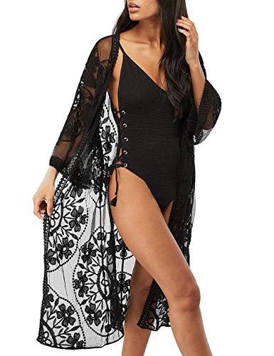 shermie Women's Floral Crochet Lace Beach Swimsuit Cover Ups Long Vintage Kimono Cardigan Dress - Black - One Size