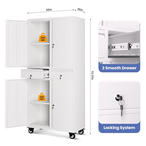 Metal Storage Cabinet with Wheels, 72” Rolling Garage Organizer with Locking Doors & 2 Drawers, Heavy Duty Steel Tool Cabinet with 3 Adjustable Shelves, Lockable Filing Cabinet for Home Office by Garvee - Image 2
