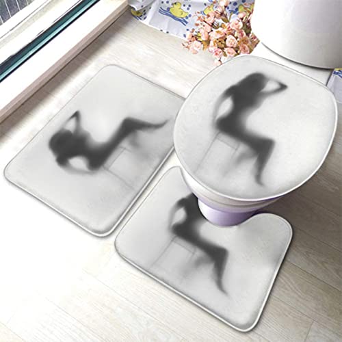 3-teiliges Badezimmerteppich-Set, Elegante Frau sitzt auf Stuhl-Silhouette auf grauem Hintergrund, waschbarer Badvorleger, rutschfest, mit Rückenpolster, Konturteppich und Toilettendeckelbezug