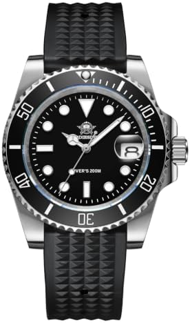 ADDIESDIVE メンズクォーツウォッチ ダイバー 200M スチールウォッチ 防水ワッフルラバーストラップ付き ブラック ワッフル付き, ブラック、ワッフル付き。, ストラップ