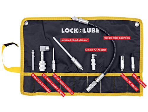 Locknlube 8-Piece Quick Connect Greasing Accessory Kit. Complete Grease Fitting Connection Kit. Reach Any Grease Fitting On Any Machine. The Rip-Stop Case Keeps Tools Clean And Portable. #TOP1