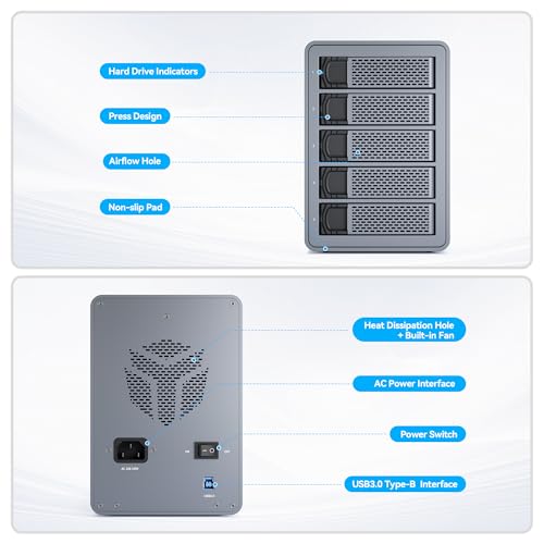 Image of Yottamaster 5 Bay External Hard Drive Enclosure , Aluminum 150W USB3.0 3.5 inch HDD Enclosure for 3.5 & 2.5 Inch SATA HDD /SSD, Support 120TB(5x24TB) Direct Attached Storage DAS, Non-RAID [FS5U3]