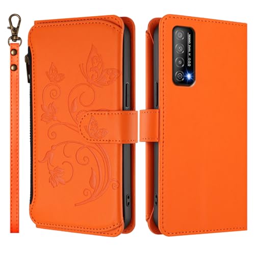 Wallet Case for Huawei Pura 20 SE Cover, Butterfly PU Leather Magnetic Closure Stand Phone Cover with 5 Card Holder Strap Shockproof for Women Protective Case for Huawei Pura 20 SE Shell (Orange)