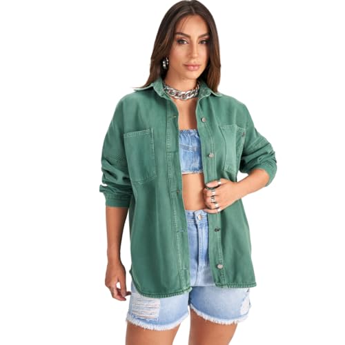 Jaqueta Jeans Feminina Longa Oversized Camisão Inverno (BR, Alfa, P, Plus Size, verde)