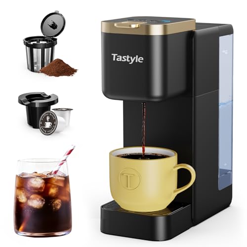 Image of Tastyle Single Serve Coffee Maker, Iced and Hot Coffee Machine for K Cup & Grounds, Compact Design, 40oz Removable Water Reservoir, 6 to 24 Oz Brew Sizes, Fits 7.3" Travel Mug, Black+Gold