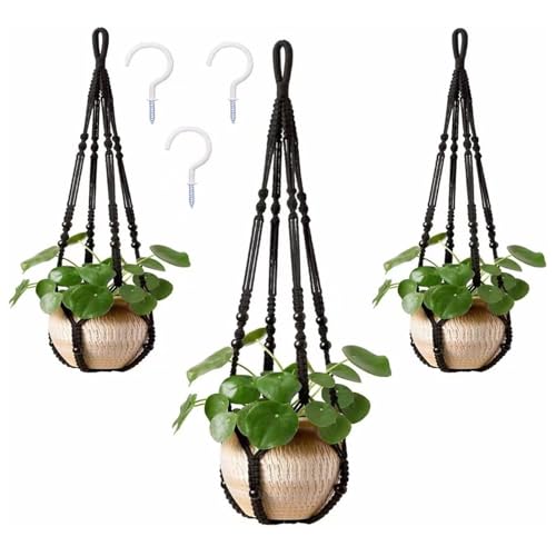 AKEIE Macrame Plant Hanger 3 Pack Indoor & Outdoor Wall Hanging Planter + 3 Hooks Hanging Planters Basket Cotton Rope 35 Inch with Beaded and Non-Tassel Planter Durable(Black)
