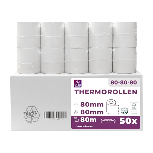 Thermorollen 80mm x 80m x 12mm - Kassenrollen - Bonrollen für Registrierkasse - Bondrucker - Thermopapier – BPA Frei (Large 80x80x12-80 Meter - 50 Rollen)