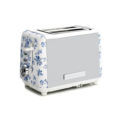 VQ Laura Ashley China Rose Stainless Steel 2 Slice Toaster | Bagels & Bread Toasters 2 Slices Wide Slot with Adjustable Heating & Defrost Mode | Grille Pain 2 tranches with Croissant Warming Rack Cover