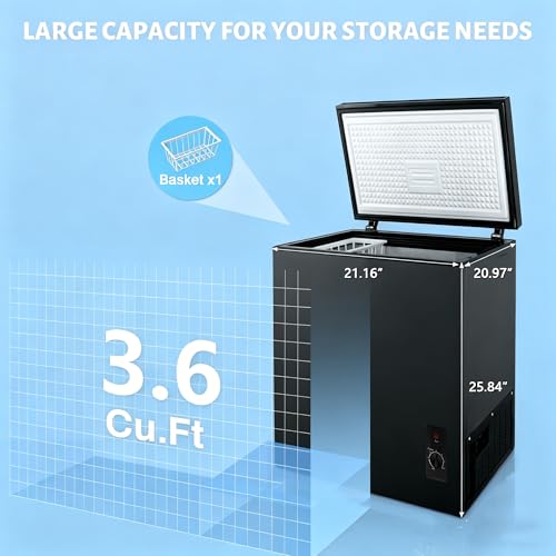 Image of Compact Deep Freezer, 3.6 Cu Ft Chest Freezer with 6 Adjustable Thermostat, Top Open Door Freezer with Removable Basket, Energy Saving Freezer for Home, Apartment, Office, Black