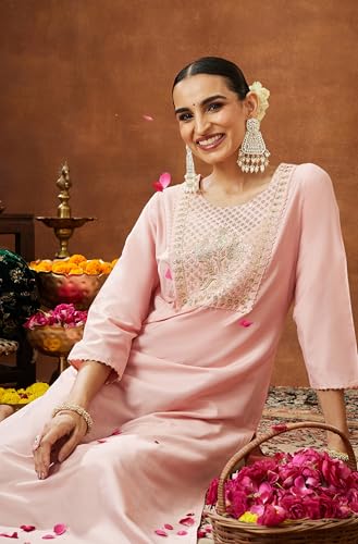 Image of Janasya Women's Light Pink Chanderi Silk Yoke Embroidered Straight Kurta
