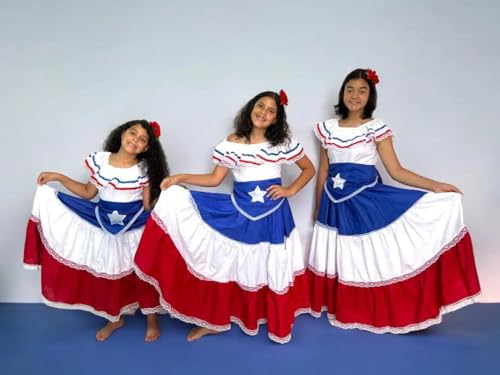 Puerto Rican Traditional Dress for Girls with Flag & Star Belt3