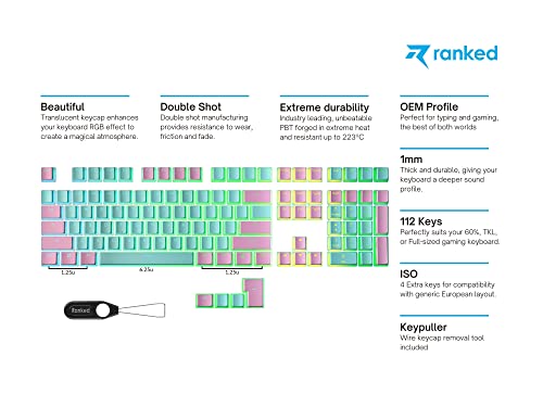Ranked Klawisze Pudding PBT | 112 Układ Półprzezroczystych Podwójnych Strzałów ANSI US i ISO | Profil OEM dla Mechanicznej Klawiatury do Gier RGB (Miami)