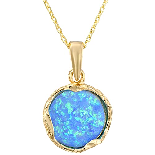 14K Gold Plated Blue Opal Necklace - 14K Gold over Plated 925 Sterling Silver, Dainty 12mm Blue Opal Gemstone Pendant October Birthstone, Delicate Handmade Vintage Antique Jewelry for Classy Women