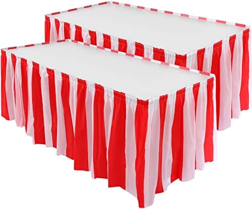Elcoho 2-Pack Carnival Tablecloths – Red & White Stripes, 54x107 Inch Plastic Covers