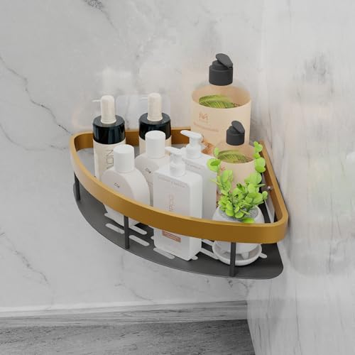 Image of MIORAH Self Adhesive Bathroom Corner Shelf, Rustproof Powder Coated Aluminium Organizer, No Drill Wall Mounted Storage Gold Pack of 1