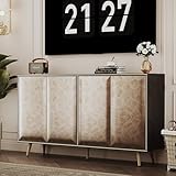 LZLUOB Sideboard Buffet Cabinet with Raised Shaped & Geometric Line Texture Door Panel, Accent Storage Cabinet for Living Room (Cabinet Body- Black Oak, 4 Door-15 D x 61' W x 34.5' H)